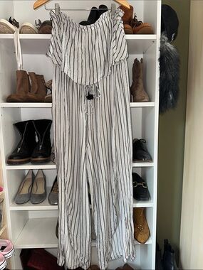 Striped Off-Shoulder Wide-Leg Jumpsuit in White, Gold and Black